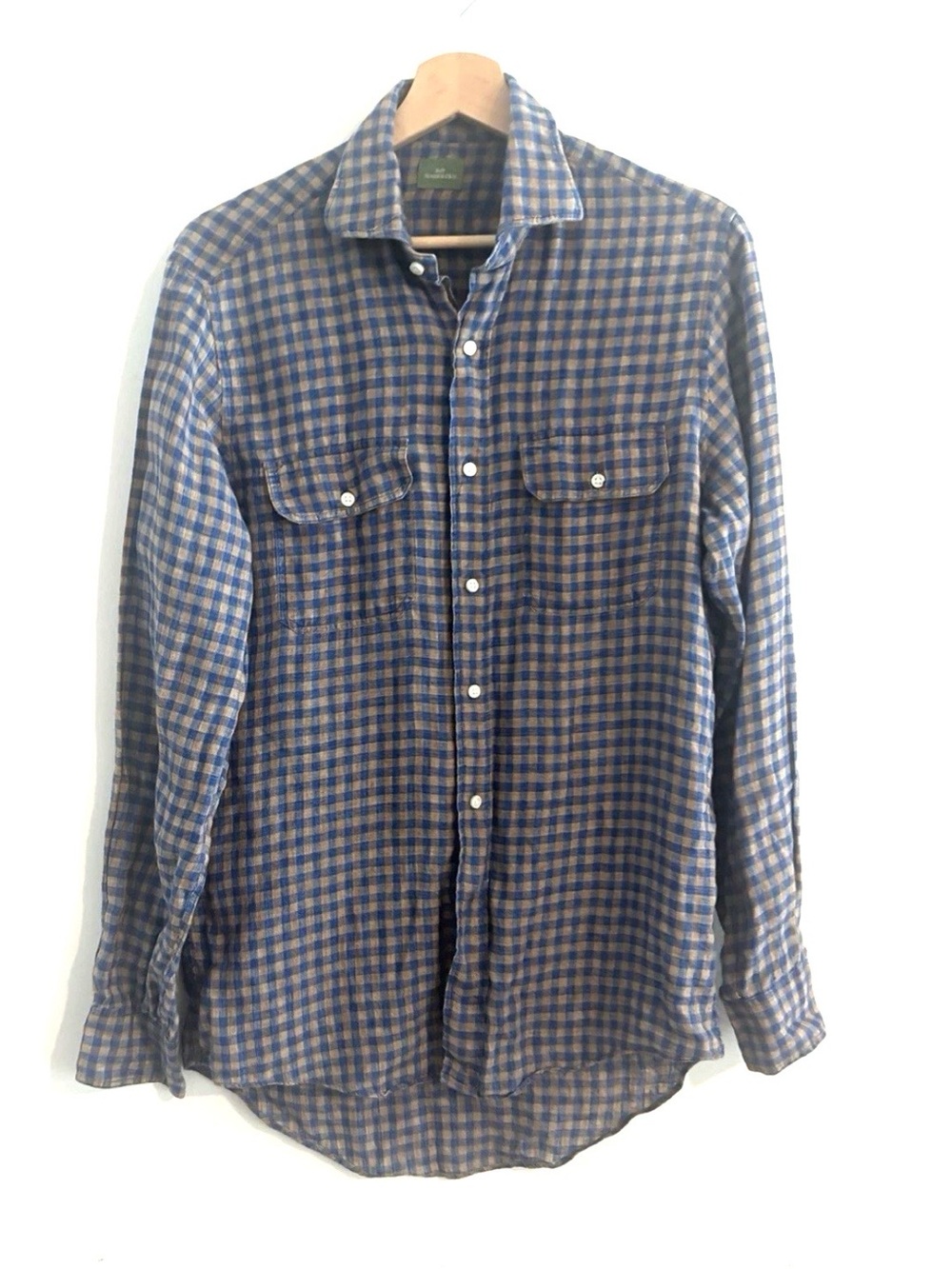 Sid Mashburn Size S Linen Men's Blue and Brown Check Gingham Shirt  Button-Up